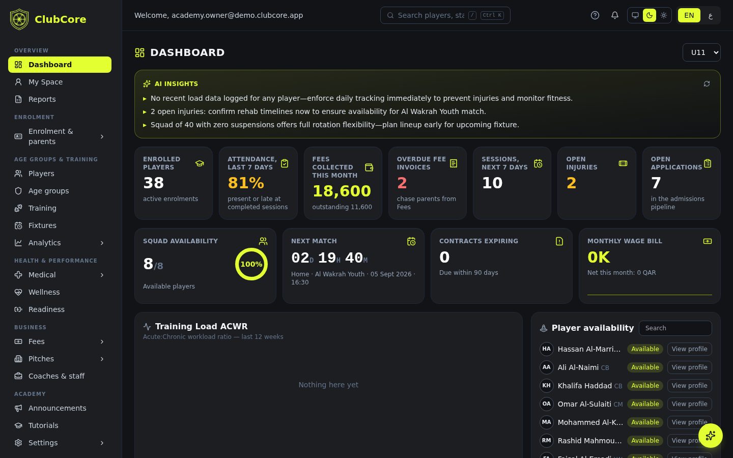 ClubCore academy dashboard