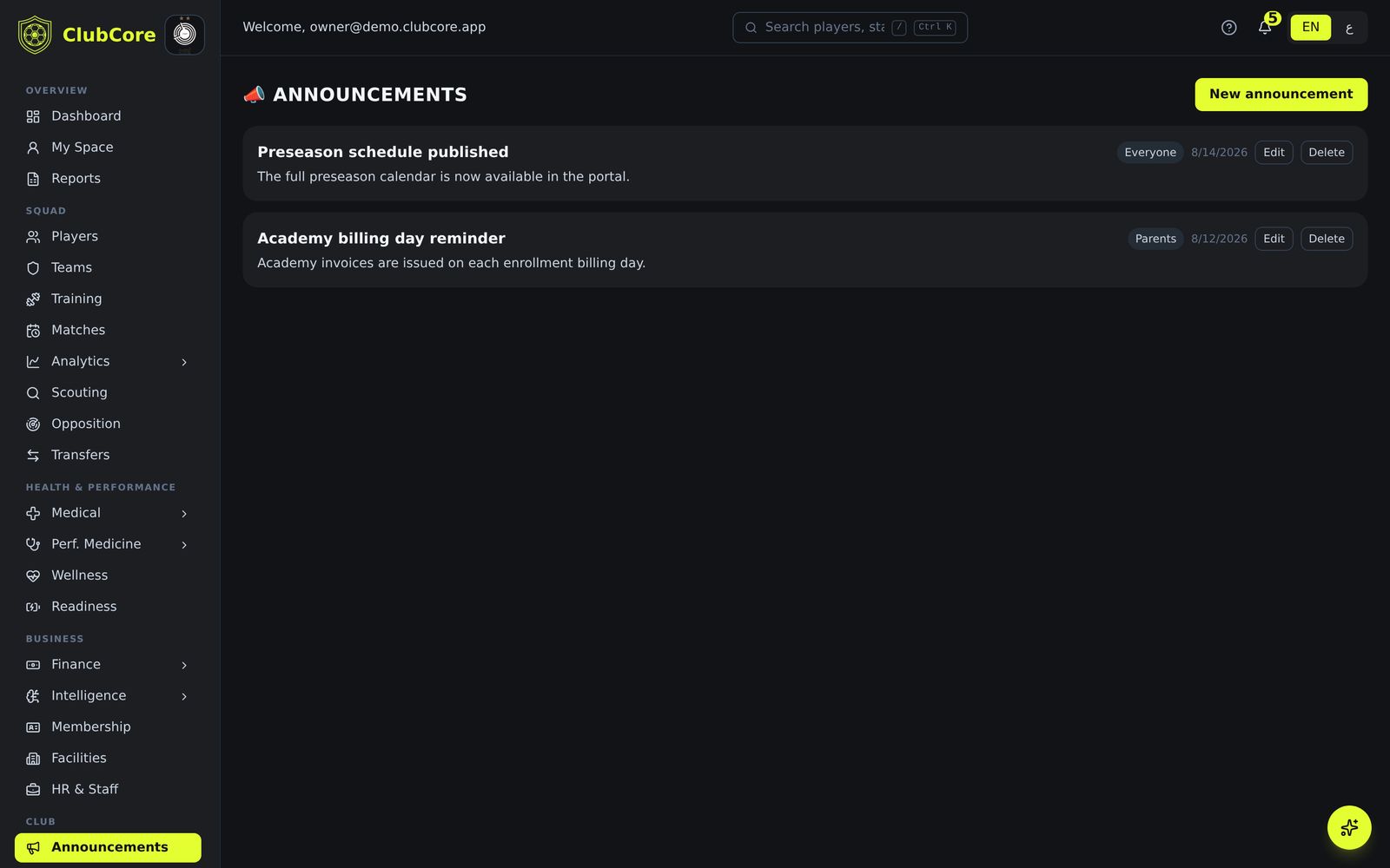 Announcements and notifications