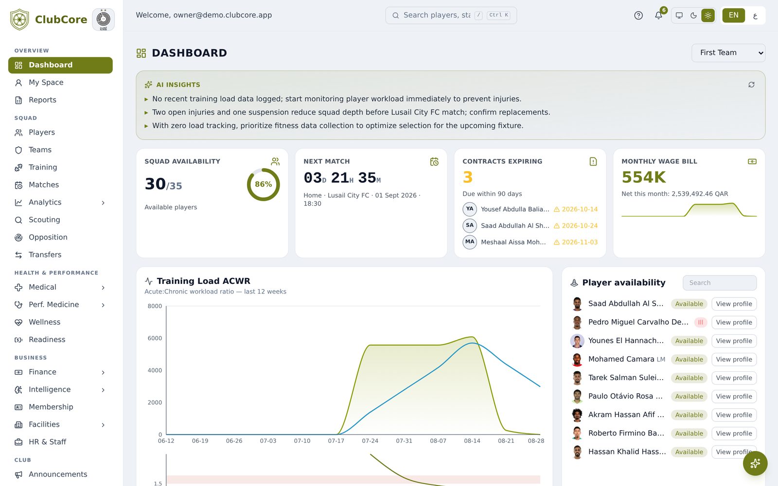 ClubCore Pro dashboard